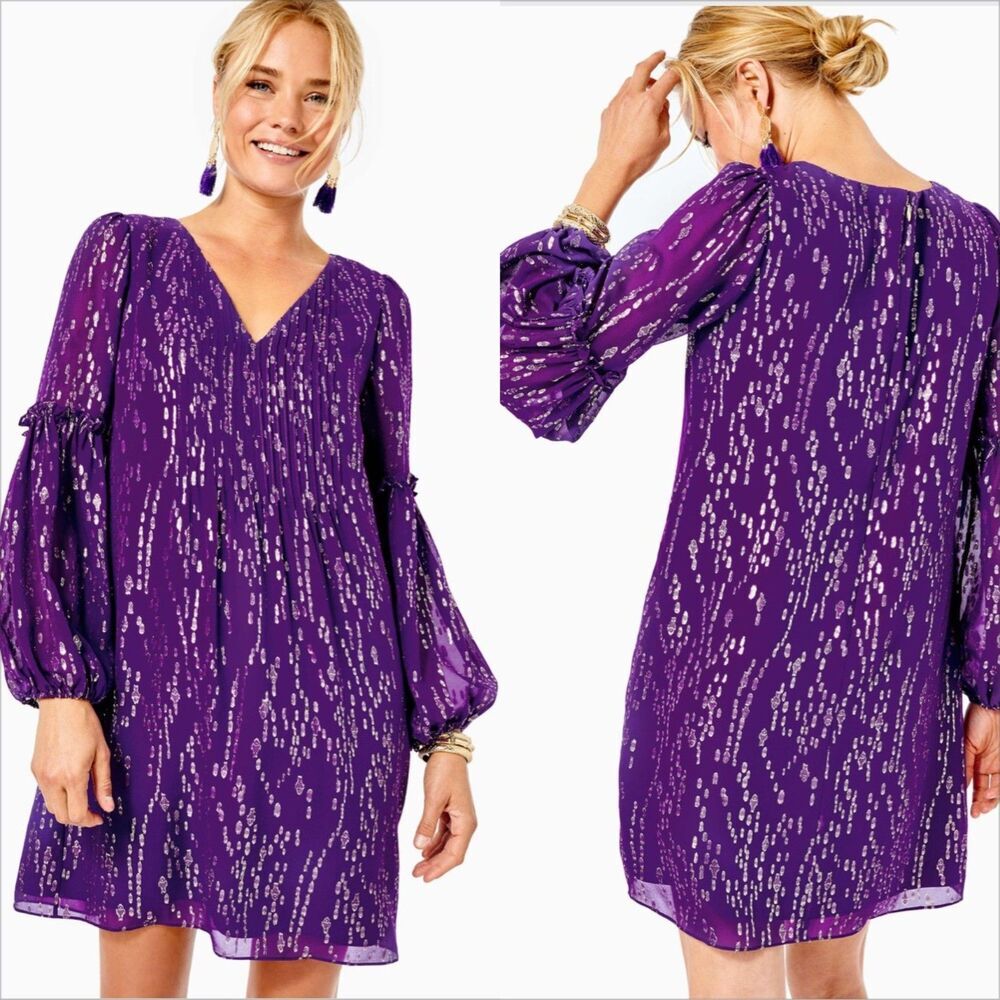 Lilly Pulitzer Cleme Silk Dress Size 2 Purple Berry Fish Clip Chiffon Metallic